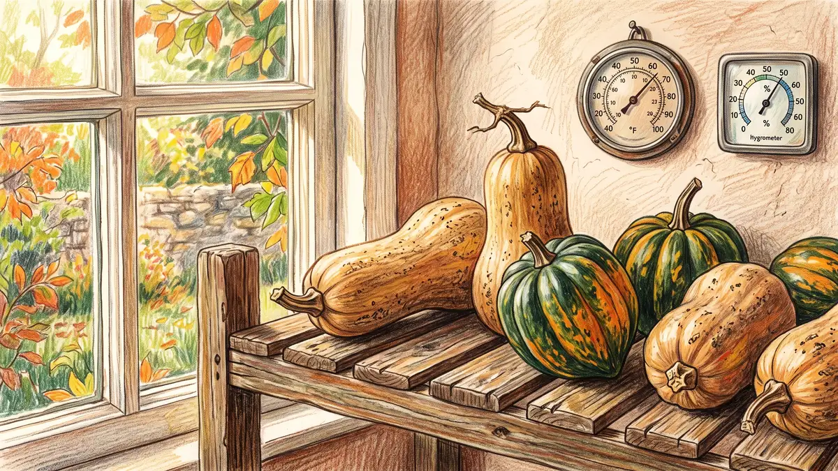 Butternut and acorn winter squash curing on a wooden rack in warm sunlight with a thermometer and hygrometer on the wall behind