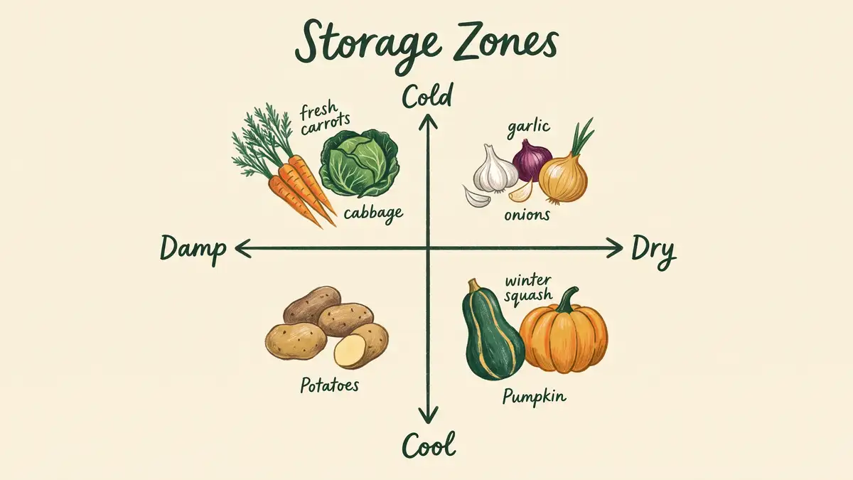 Four-quadrant infographic showing root cellar storage zones by temperature and humidity for carrots, cabbage, garlic, onions, squash and potatoes