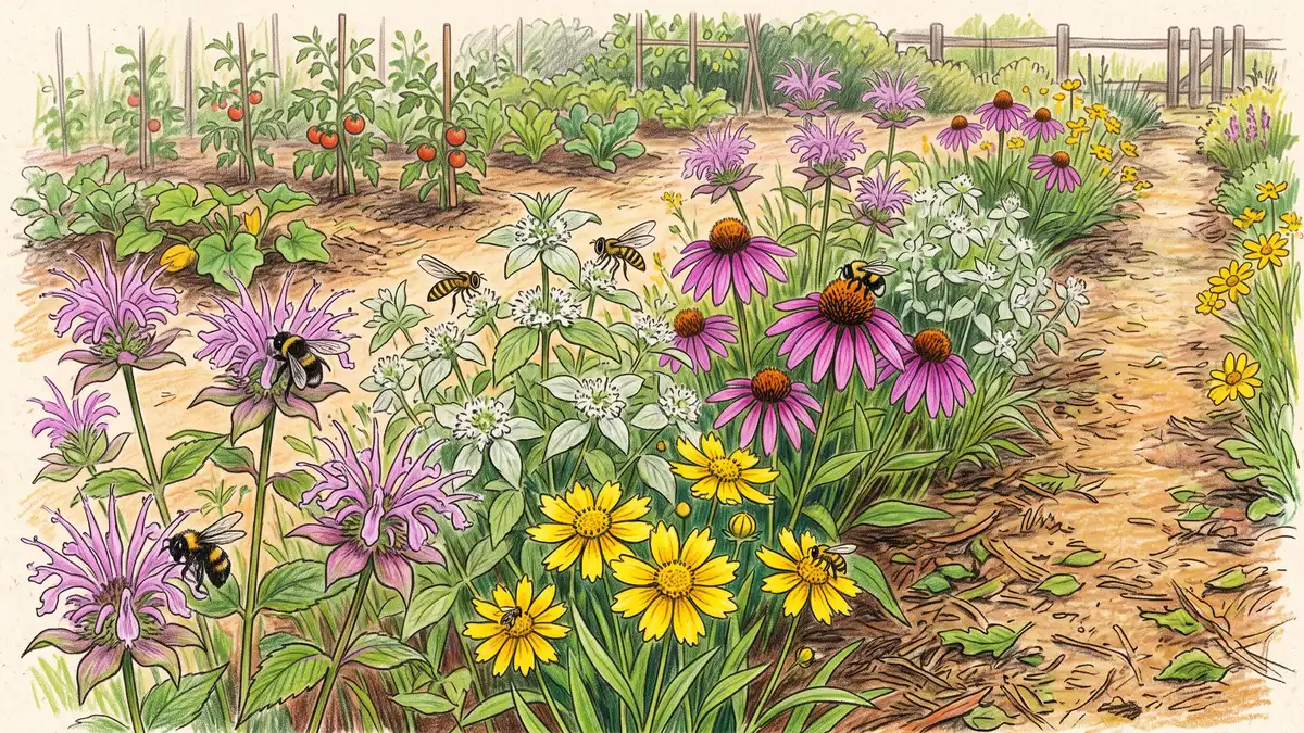Native pollinator border with wild bergamot, mountain mint, purple coneflower and coreopsis blooming beside a vegetable garden path
