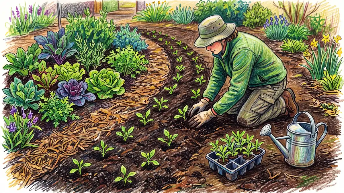 Gardener planting small native perennial plugs in a curved row beside an established raised vegetable bed in spring