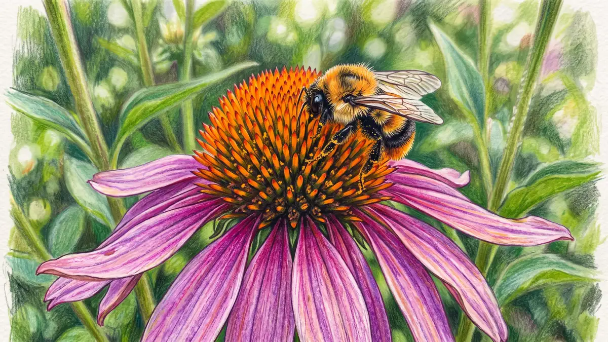Close-up of a native bumblebee gathering pollen from a purple coneflower blossom in a backyard pollinator garden
