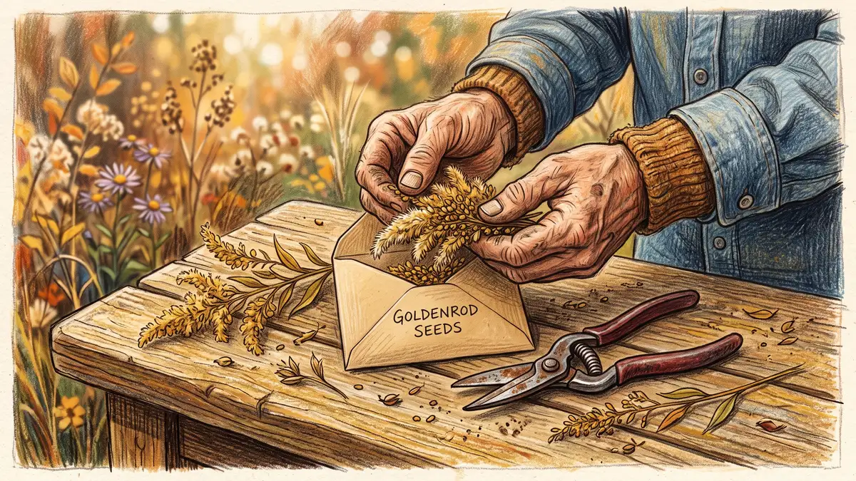 Gardener's hands collecting native goldenrod seed heads into a paper envelope on a wooden bench in autumn