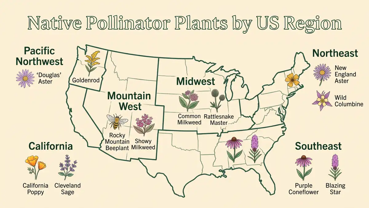 Illustrated map of six US regions showing recommended native pollinator plants for each region in a vegetable garden setting