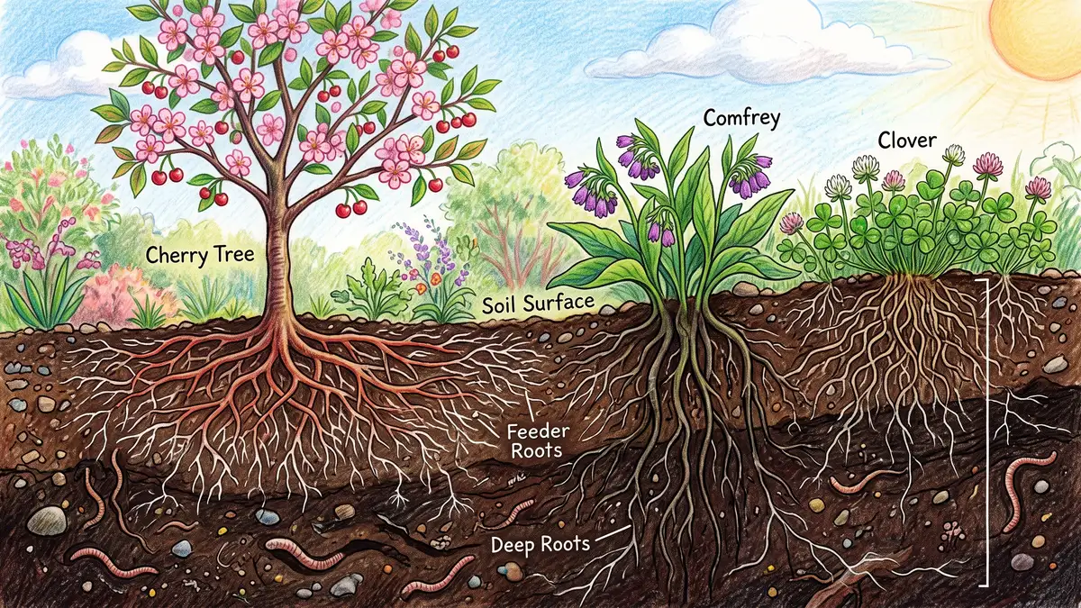 Soil cross-section showing shallow spreading cherry tree feeder roots with comfrey and clover roots reaching deeper beneath a dwarf cherry