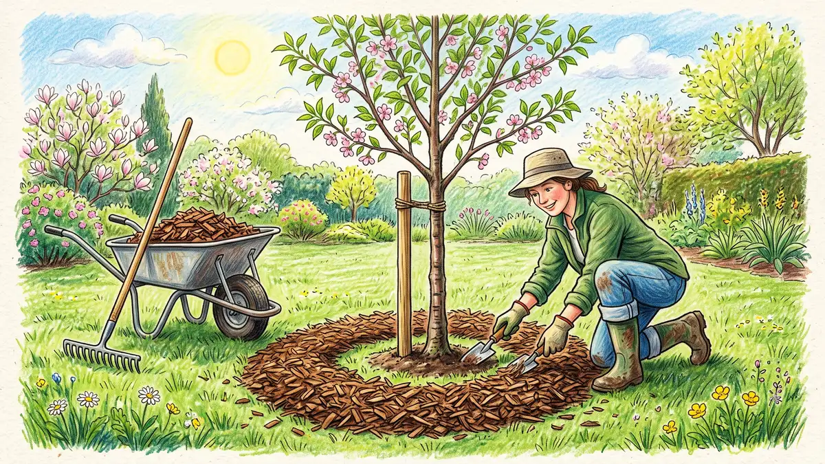 Gardener spreading a wide ring of wood chip mulch around the base of a young cherry tree, keeping chips clear of the trunk