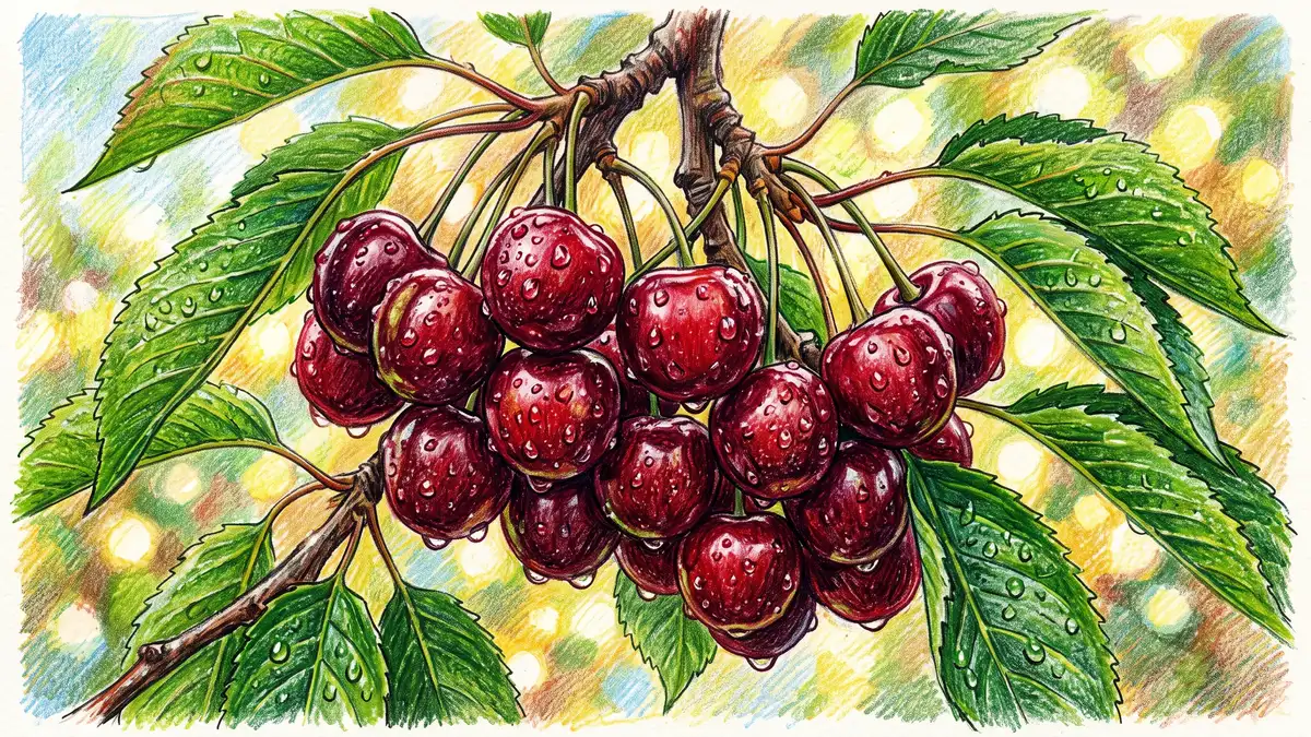 Cluster of ripe dark red sweet cherries hanging on a branch with glossy green leaves in dappled summer sunlight