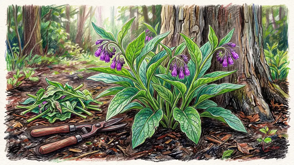 Broad comfrey leaves with purple bell flowers at the base of a tree trunk beside shears and cut comfrey leaves used as mulch