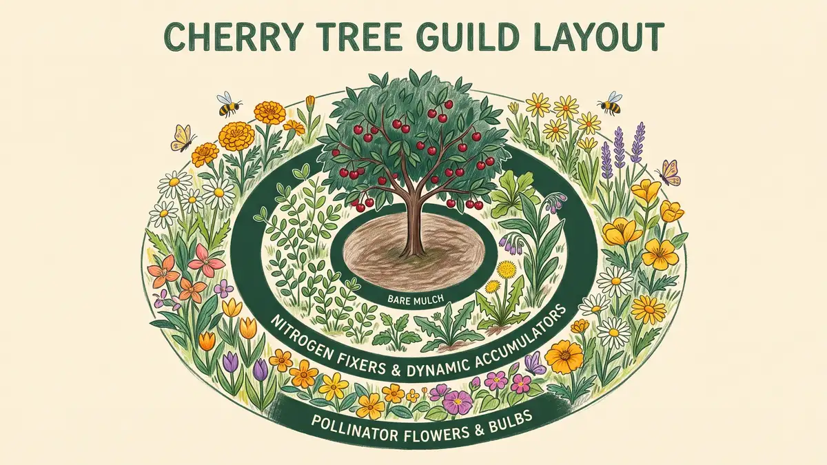 Overhead circular diagram of a cherry tree guild layout showing mulch ring, nitrogen fixer band and outer pollinator flower ring