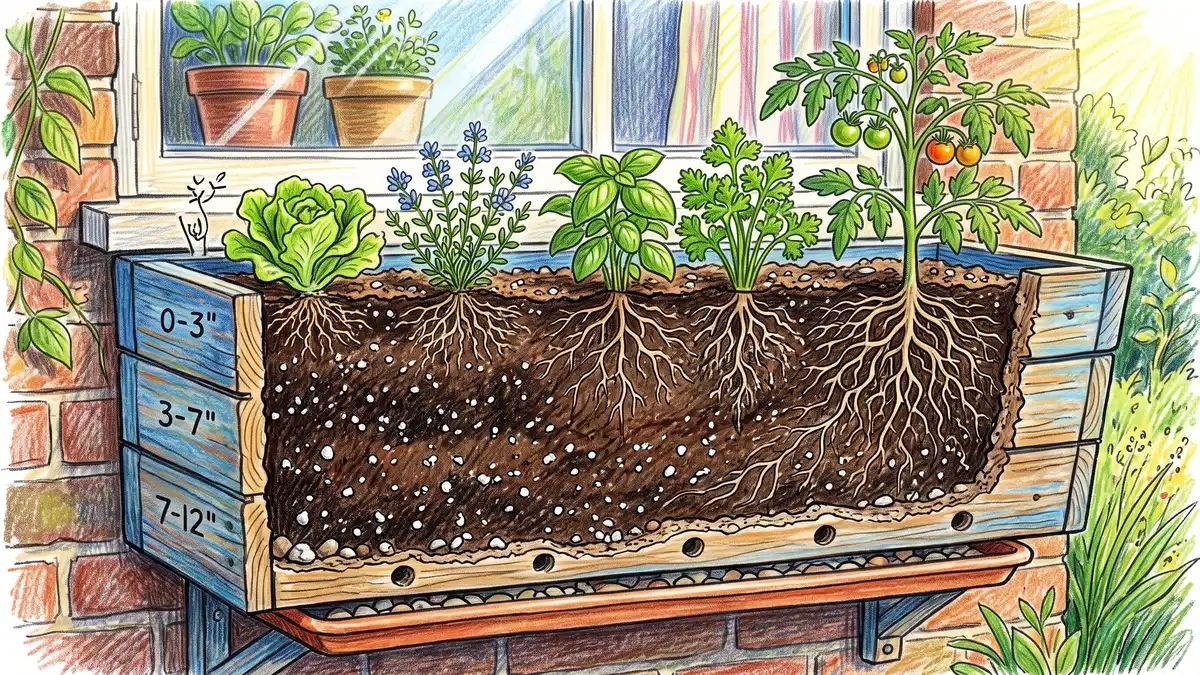 Cutaway view of a window box soil profile showing shallow lettuce and thyme roots above deeper basil, parsley and tomato roots