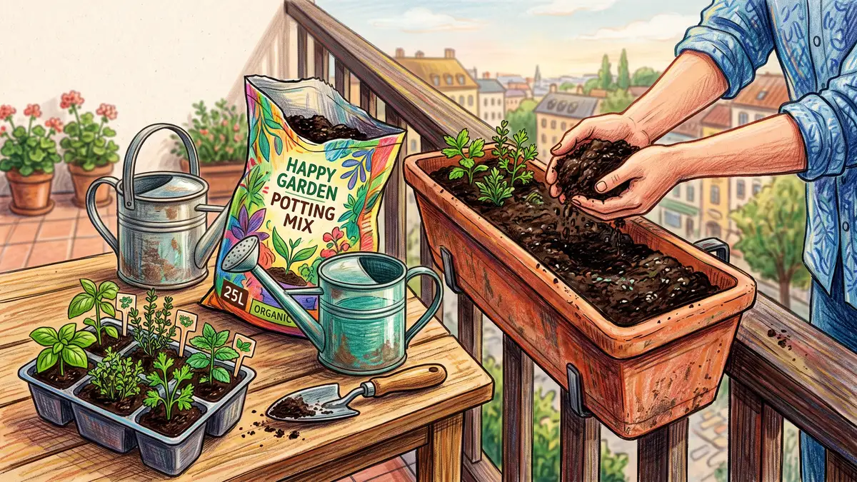 Hands filling a long window box with light potting mix on a balcony, with herb seedlings and a watering can nearby