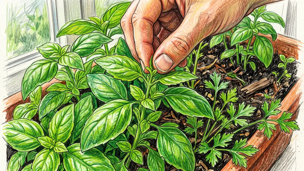 Hand pinching the top growth from a bushy basil plant growing in a window box beside parsley