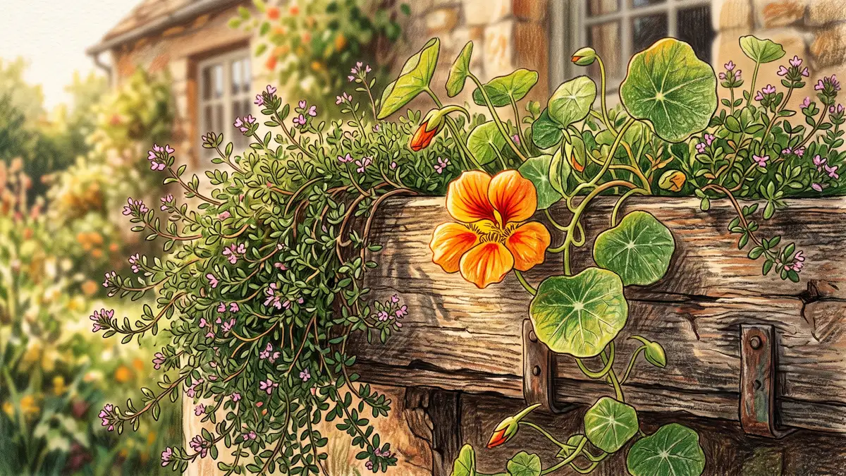 Trailing creeping thyme and orange nasturtium spilling over the front edge of a weathered wooden window box