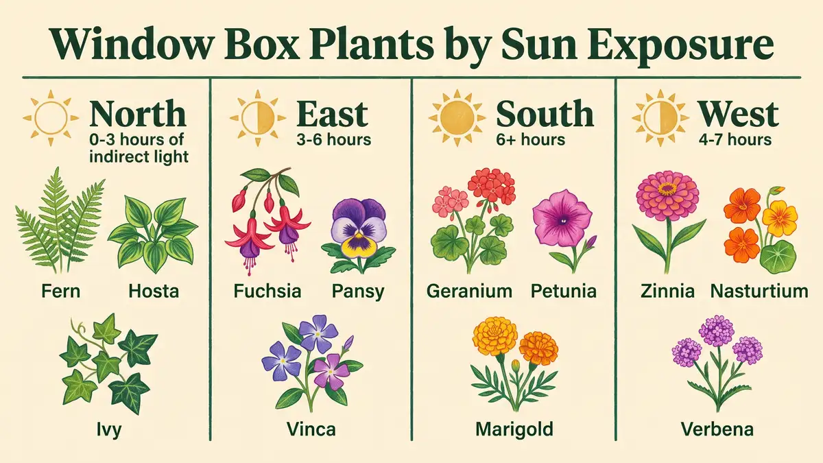 Infographic showing recommended window box plants for north, east, south and west facing windows by hours of sunlight