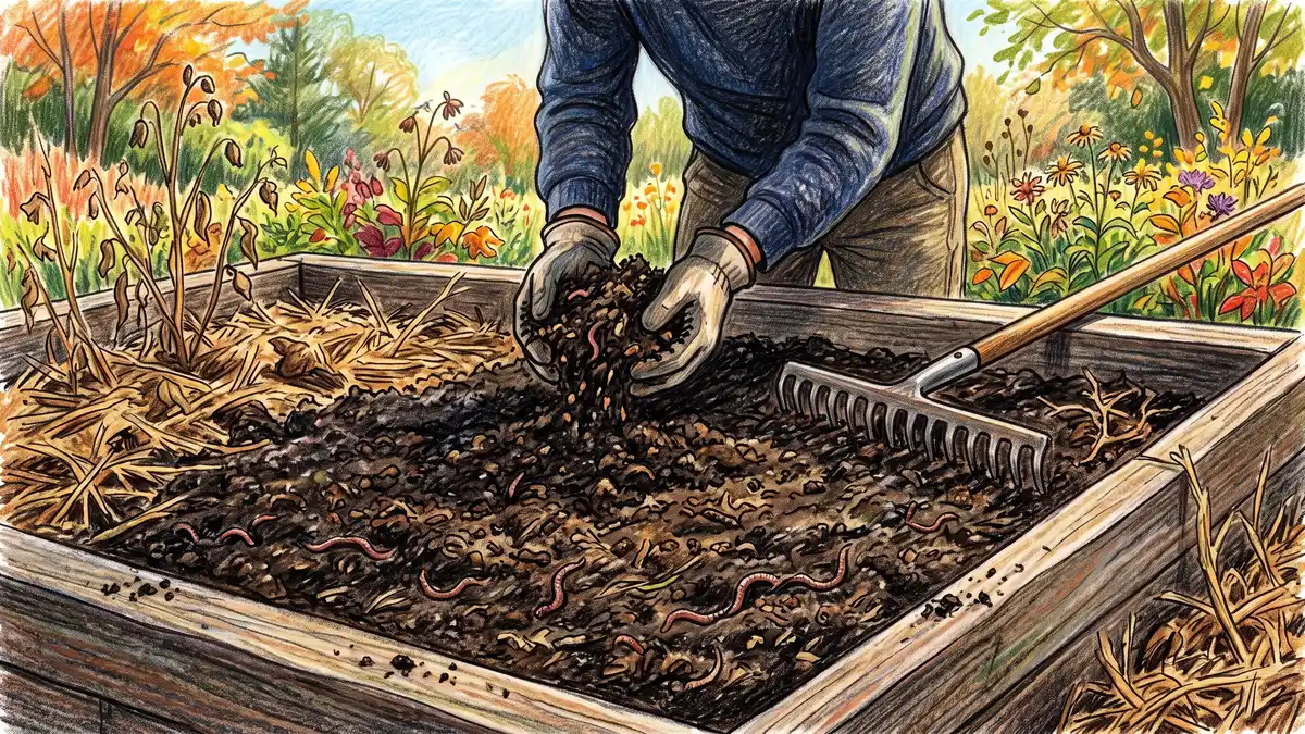 Hands spreading an even one-inch layer of dark crumbly compost across the surface of an established raised bed