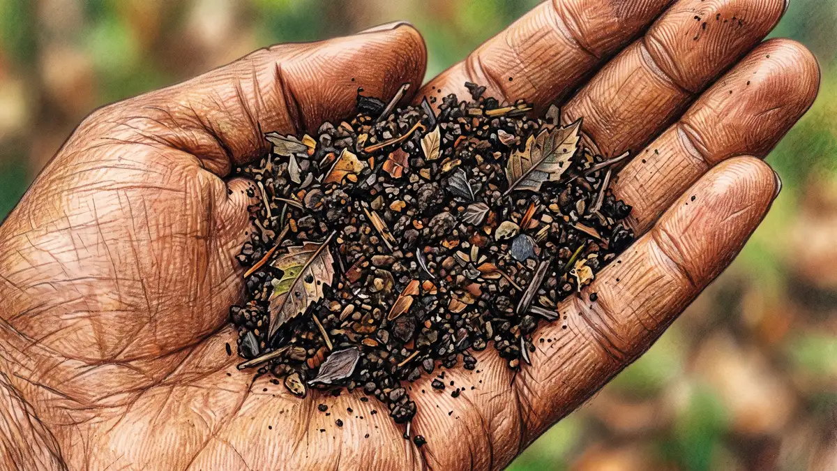 Handful of dark crumbly finished compost held in an open palm showing fine texture and leaf fragments