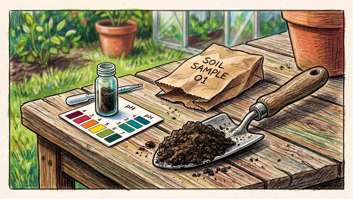 Soil test kit, sample bag and a trowel of dark garden soil on a wooden bench with a pH colour chart