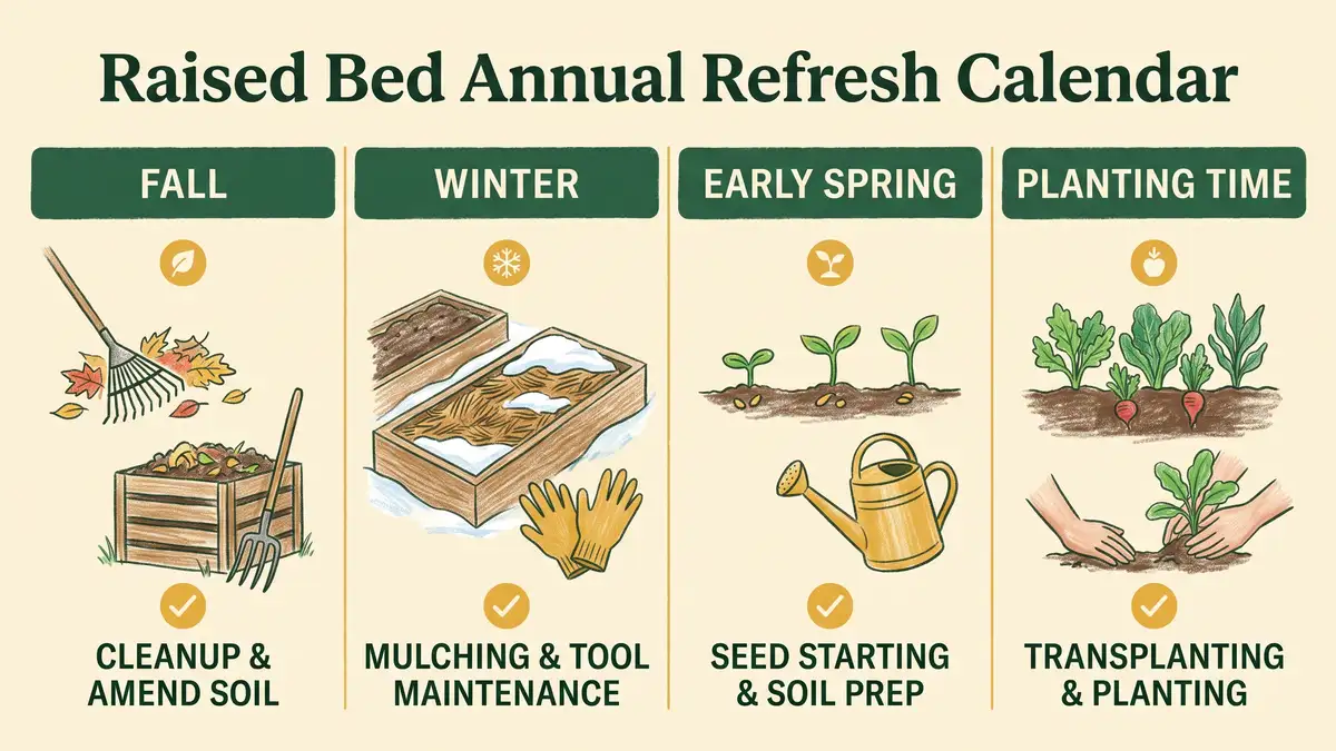 Infographic showing a raised bed annual refresh calendar across fall, winter, early spring and planting time