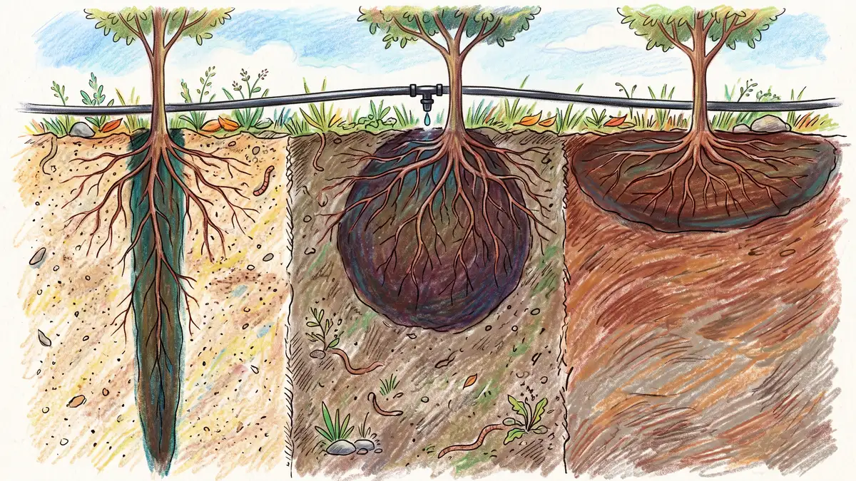 Soil cross-section comparing drip emitter wetting patterns in sandy, loam and clay soil beneath a fruit tree