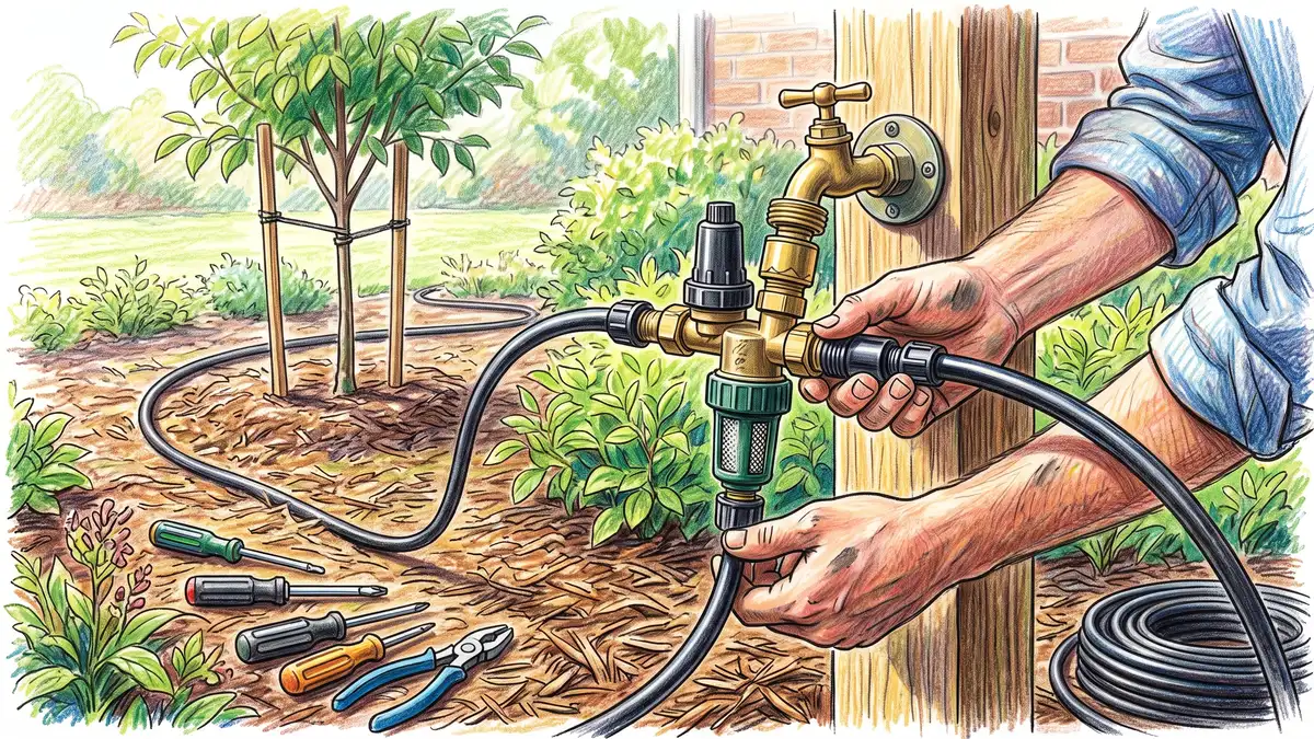 Hands assembling a drip irrigation header of backflow preventer, filter and pressure regulator at an outdoor spigot