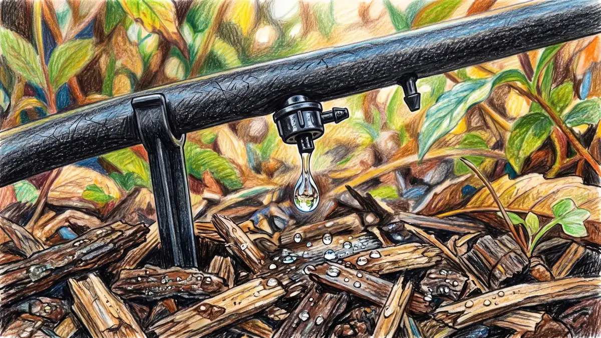 Close-up of a single drip emitter in black poly tubing releasing a bead of water onto dark wood chip mulch