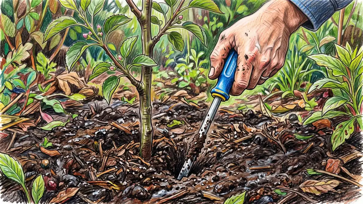 Hand pushing a long screwdriver into mulched soil beside a young fruit tree to test irrigation moisture depth