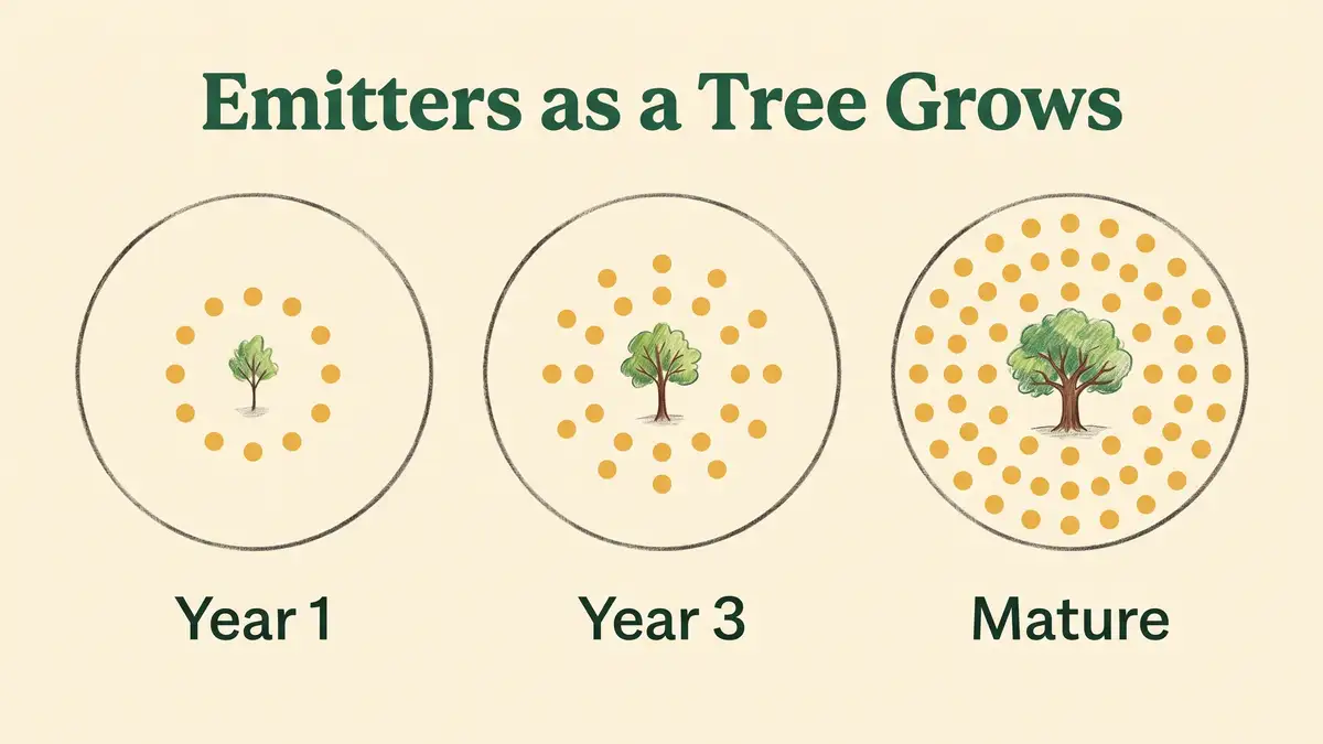 Infographic showing how drip emitter number and placement expands outward around a fruit tree from year one to maturity