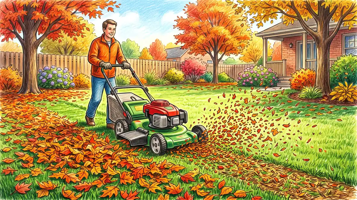 Lawn mower shredding a scattered layer of dry autumn leaves on grass into fine fragments