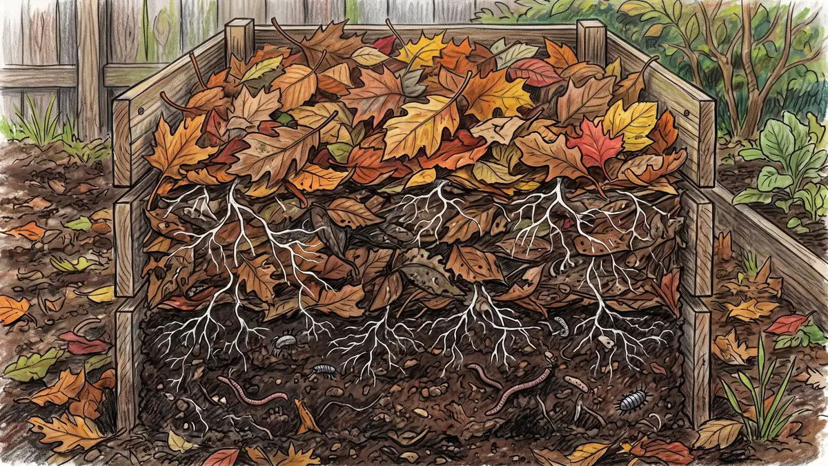 Cross-section of a leaf mold pile showing fresh leaves on top, matted decomposing leaves in the middle and crumbly finished leaf mold below with white fungal threads