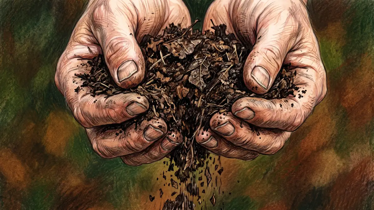 Hands crumbling dark damp finished leaf mold showing its fine flaky texture and leaf vein fragments