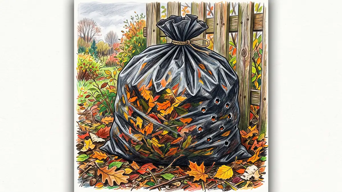 Black plastic bag packed with damp shredded autumn leaves with ventilation holes punched in the side