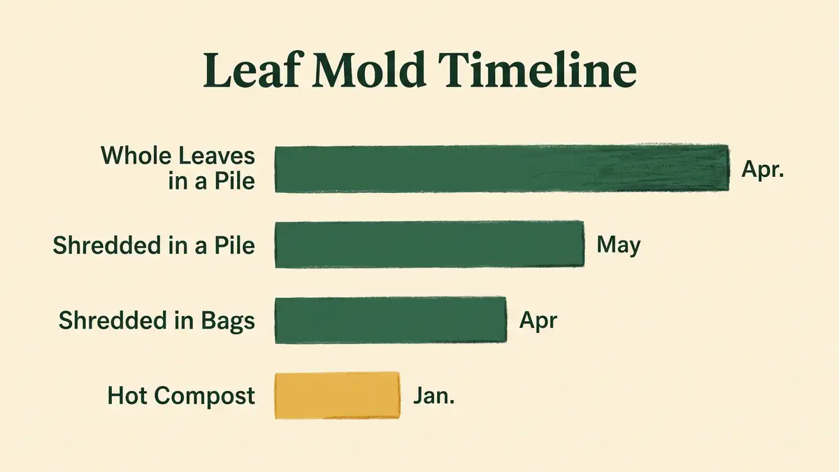 Bar chart comparing leaf mold timelines for whole leaves in a pile, shredded leaves, bagged leaves and hot compost
