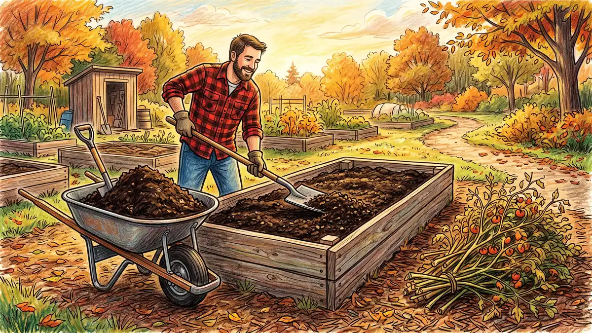 Gardener spreading a two-inch layer of finished compost across a wooden raised garden bed with a flat shovel in autumn light