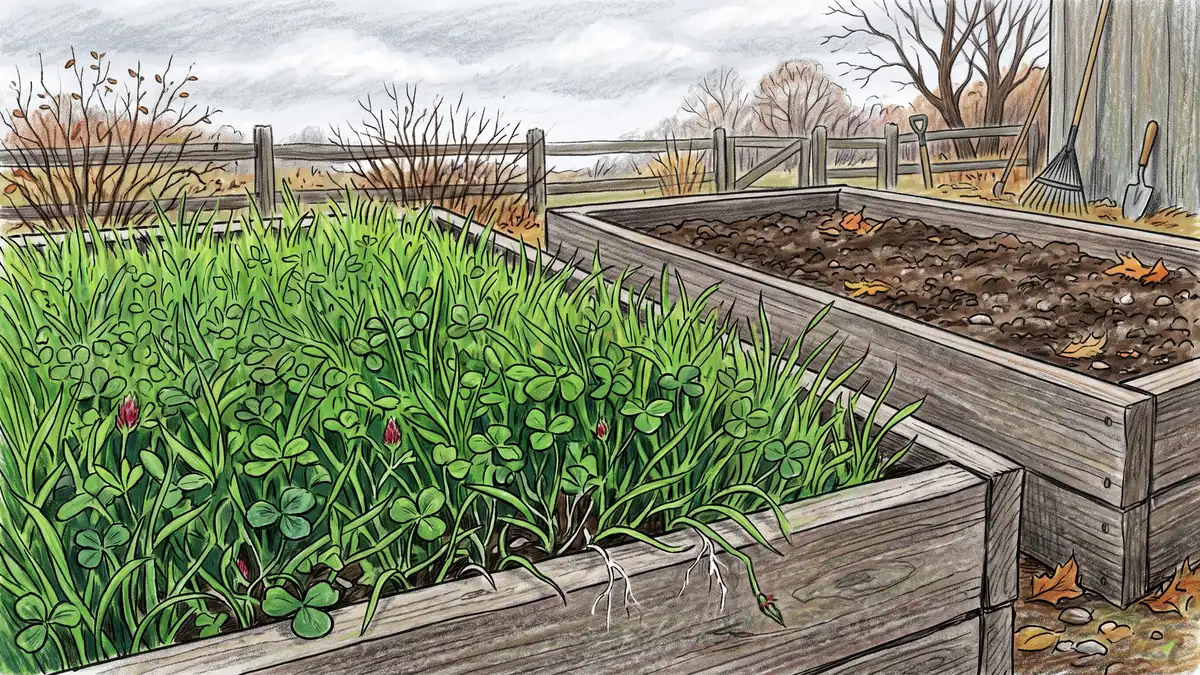 Raised garden bed filled with a dense stand of young winter rye and crimson clover cover crop next to a bare brown bed