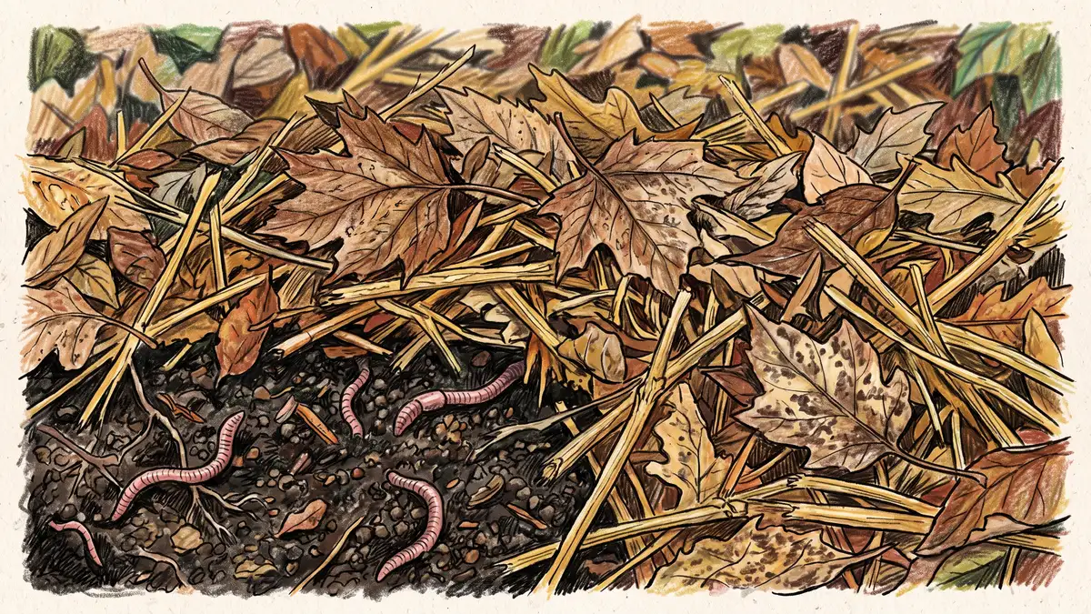 Close-up of shredded maple leaves and golden straw mulch layered on dark raised bed soil with earthworms visible beneath