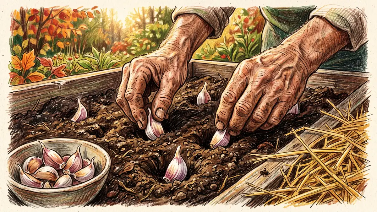 Weathered hands pressing garlic cloves pointed end up into the dark soil of a raised bed in autumn with straw mulch nearby