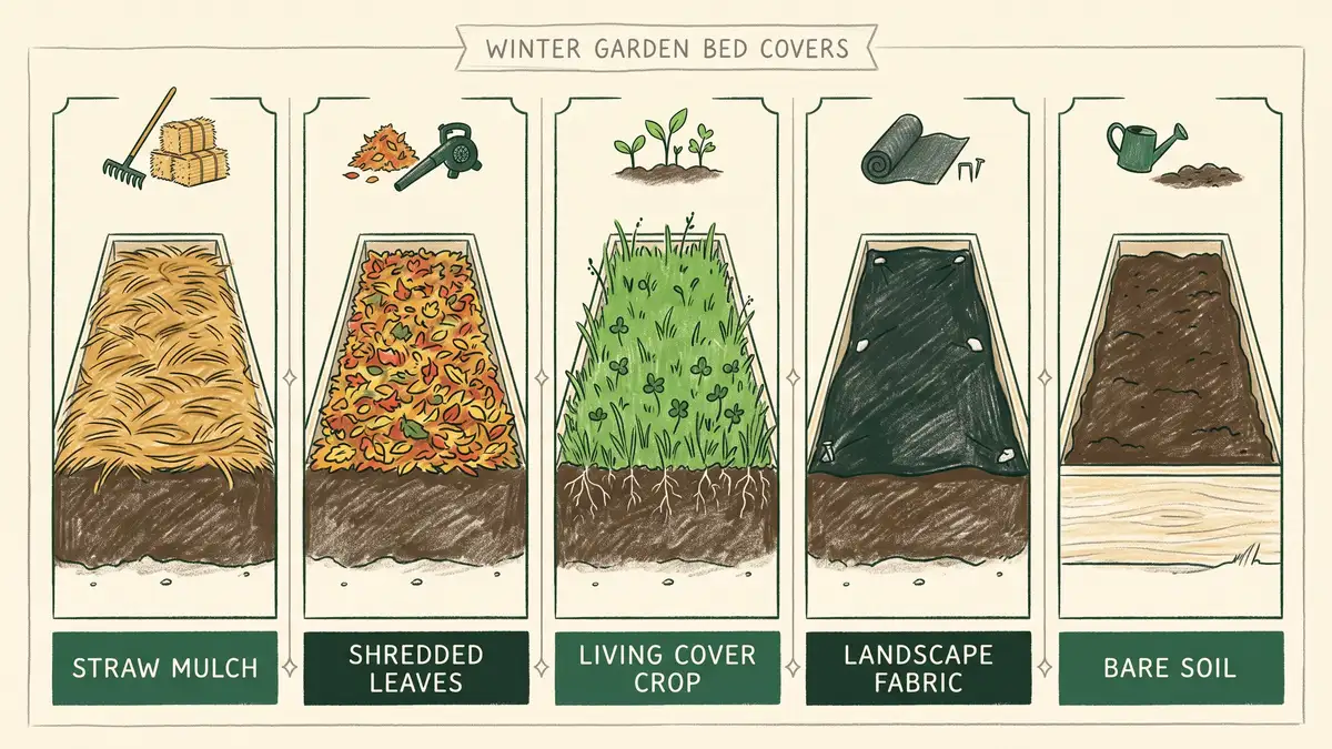 Illustrated comparison of five winter covering options for raised garden beds: straw mulch, shredded leaves, cover crop, landscape fabric and bare soil