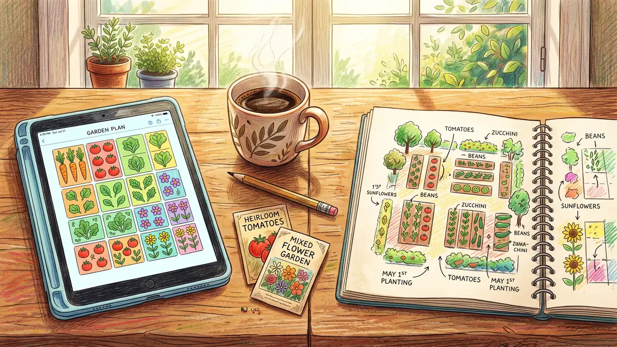 Kitchen table with a tablet showing a digital garden grid plan beside an open notebook with a hand-drawn garden map and seed packets