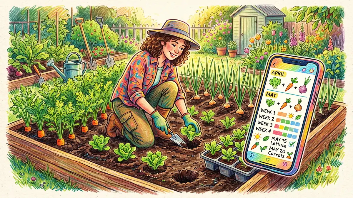 Gardener transplanting lettuce seedlings into a raised bed with a phone propped nearby showing a planting schedule