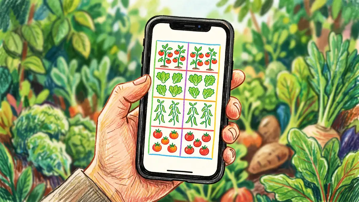 Smartphone screen showing a square grid vegetable garden layout with illustrated symbols for tomatoes, lettuce and beans