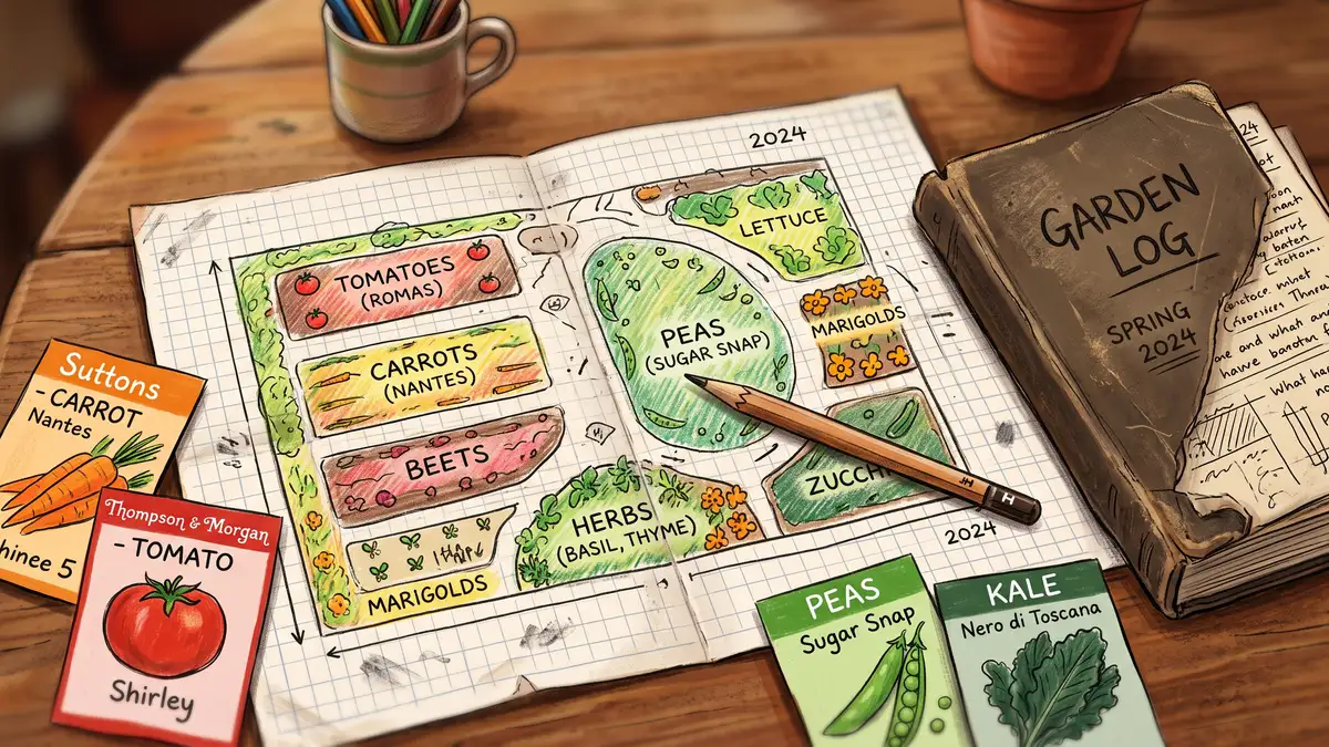 Hand-drawn garden plan on graph paper with pencil marking beds and crop names beside seed packets and a garden notebook