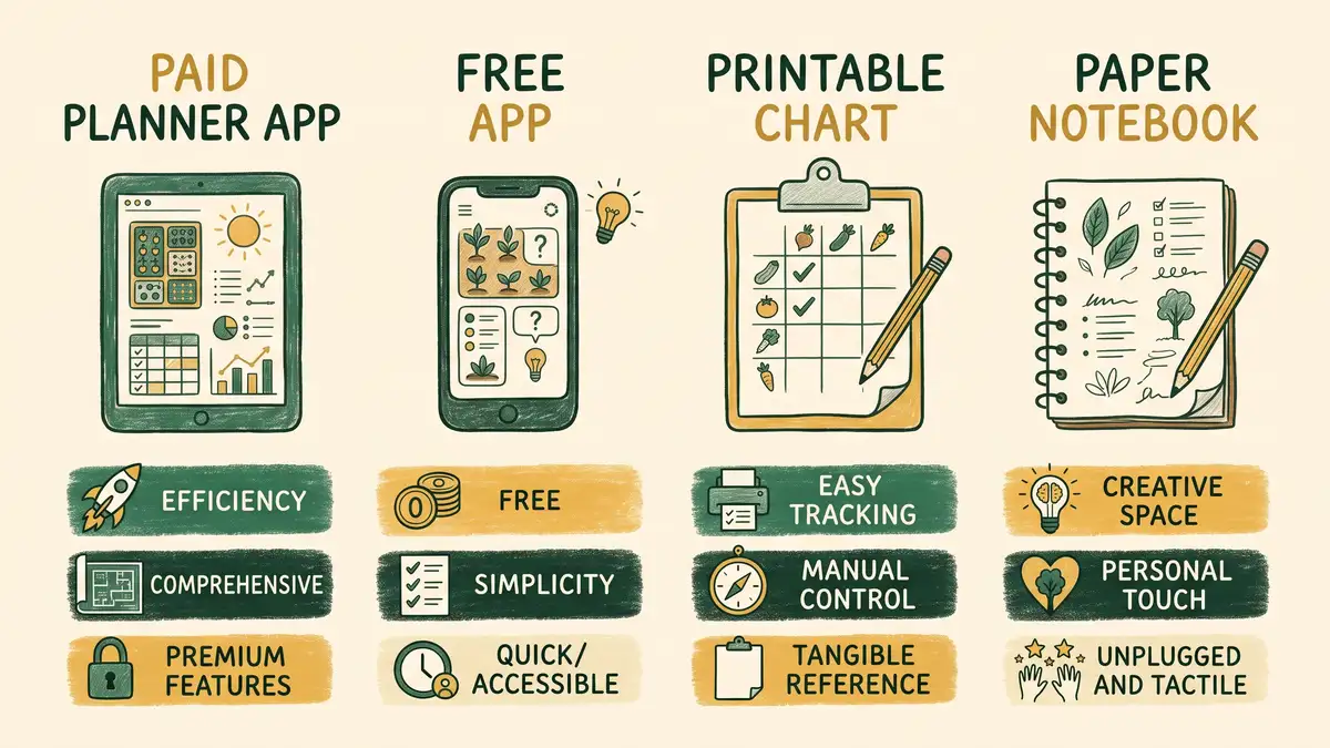 Illustrated comparison of four garden planning tools: paid planner app, free app, printable companion planting chart and paper notebook