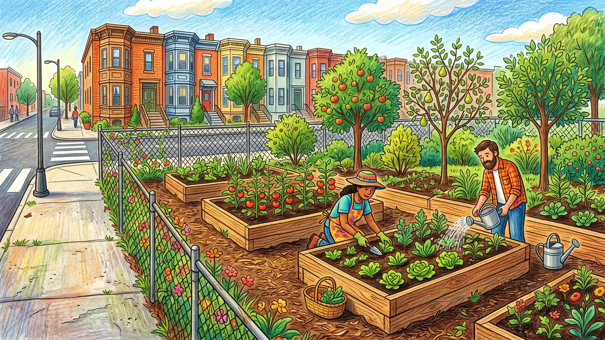 Community garden on a reclaimed vacant city lot with raised timber beds, young fruit trees and row houses across the street