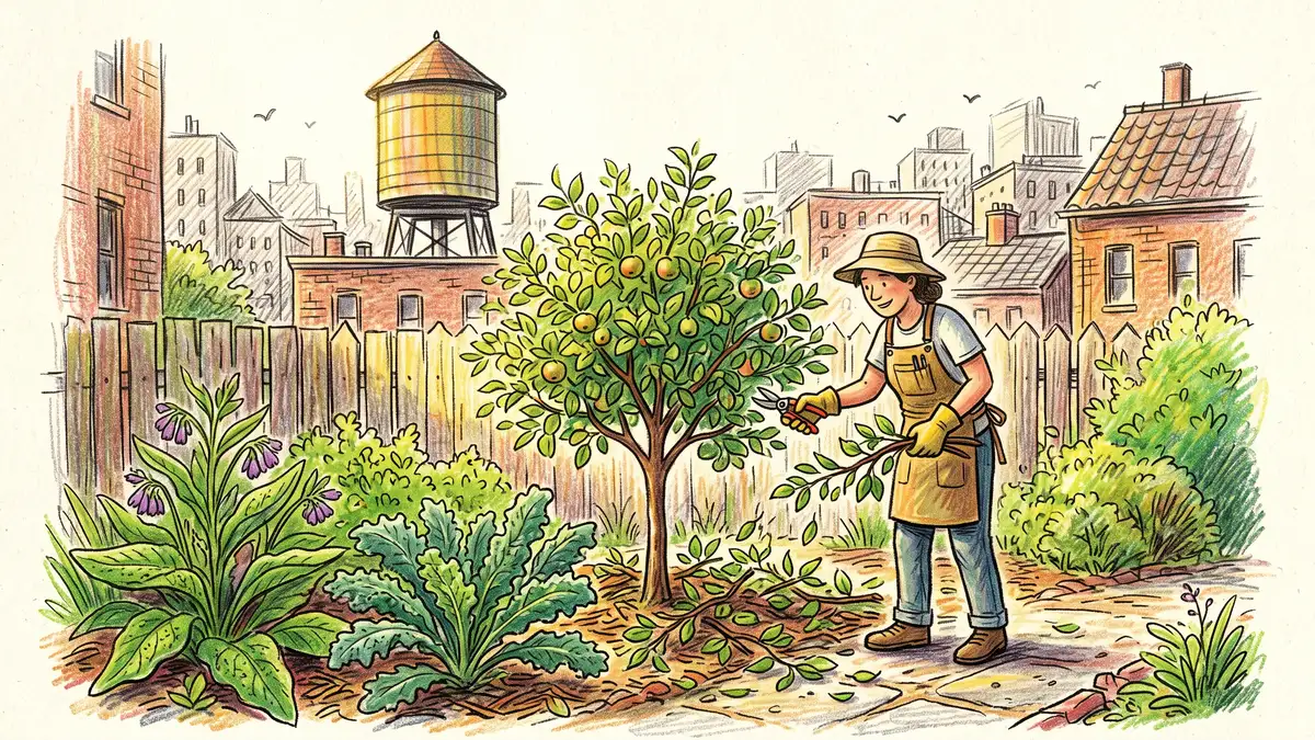 Gardener pruning a young dwarf apple tree in a small urban plot and dropping cut branches as mulch onto comfrey and kale below