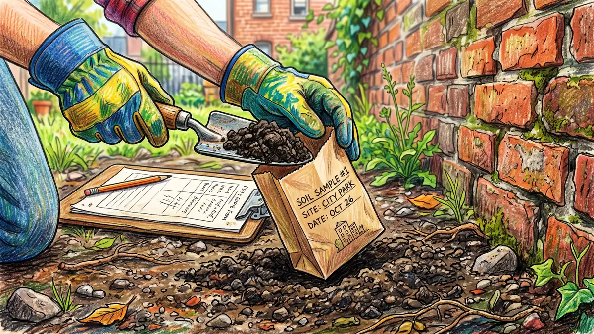 Gloved hands filling a labelled paper soil sample bag with dark city soil beside a trowel and clipboard near a brick wall