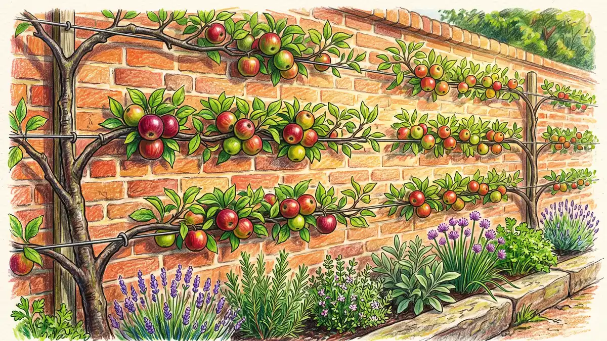 Espaliered fruit tree branches trained flat against a sunny south-facing brick wall with apples ripening and herbs at the base