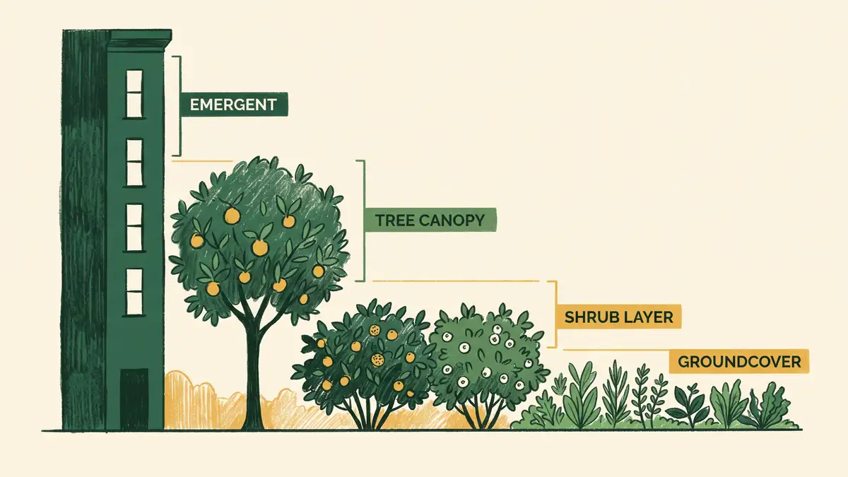 Illustrated cross-section of a small urban planting in four layers with a neighbouring building as the emergent layer above a dwarf fruit tree, berry shrubs and ground-level herbs