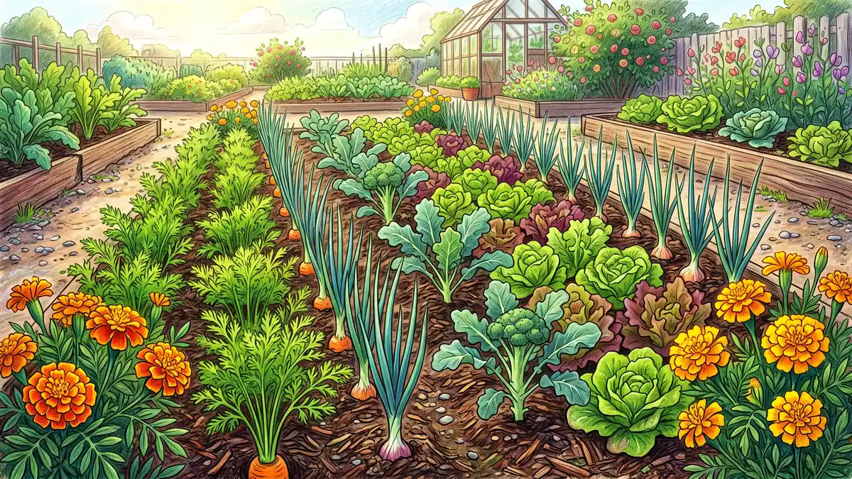 Vegetable bed with alternating rows of carrots and onions, marigolds at the corners and lettuce interplanted between young brassicas