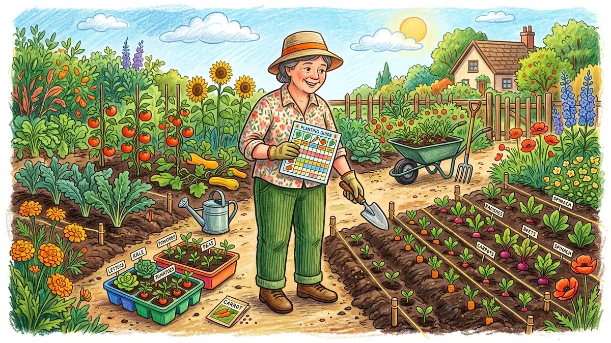Gardener holding a laminated planting chart and a trowel beside a half-planted vegetable bed marked out with string lines