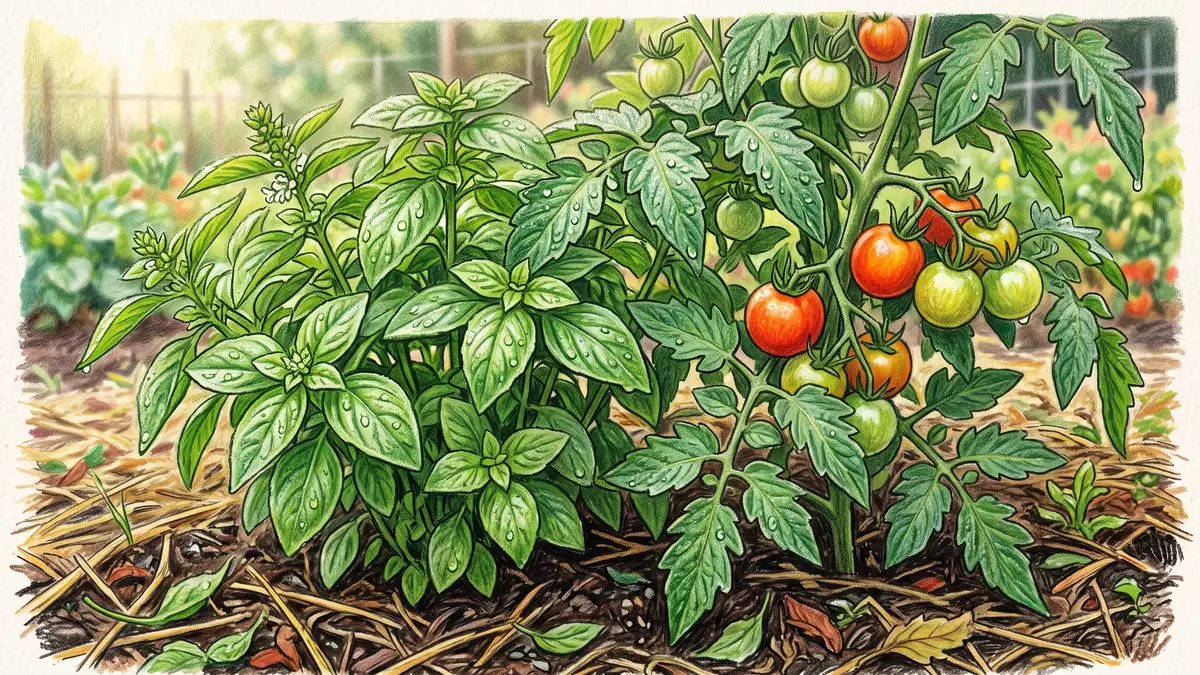 Close-up of a basil plant growing beside a ripening tomato plant with straw mulch and dark soil beneath