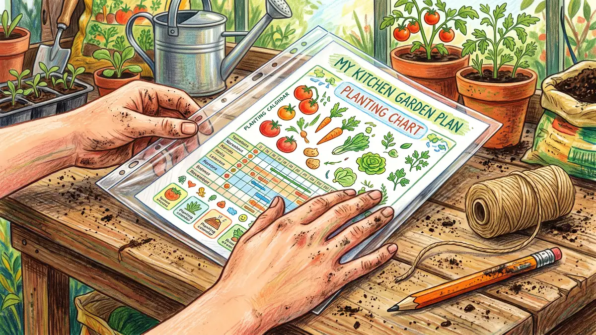 Hands sliding a printed garden chart into a clear plastic sheet protector on a soil-dusted potting bench